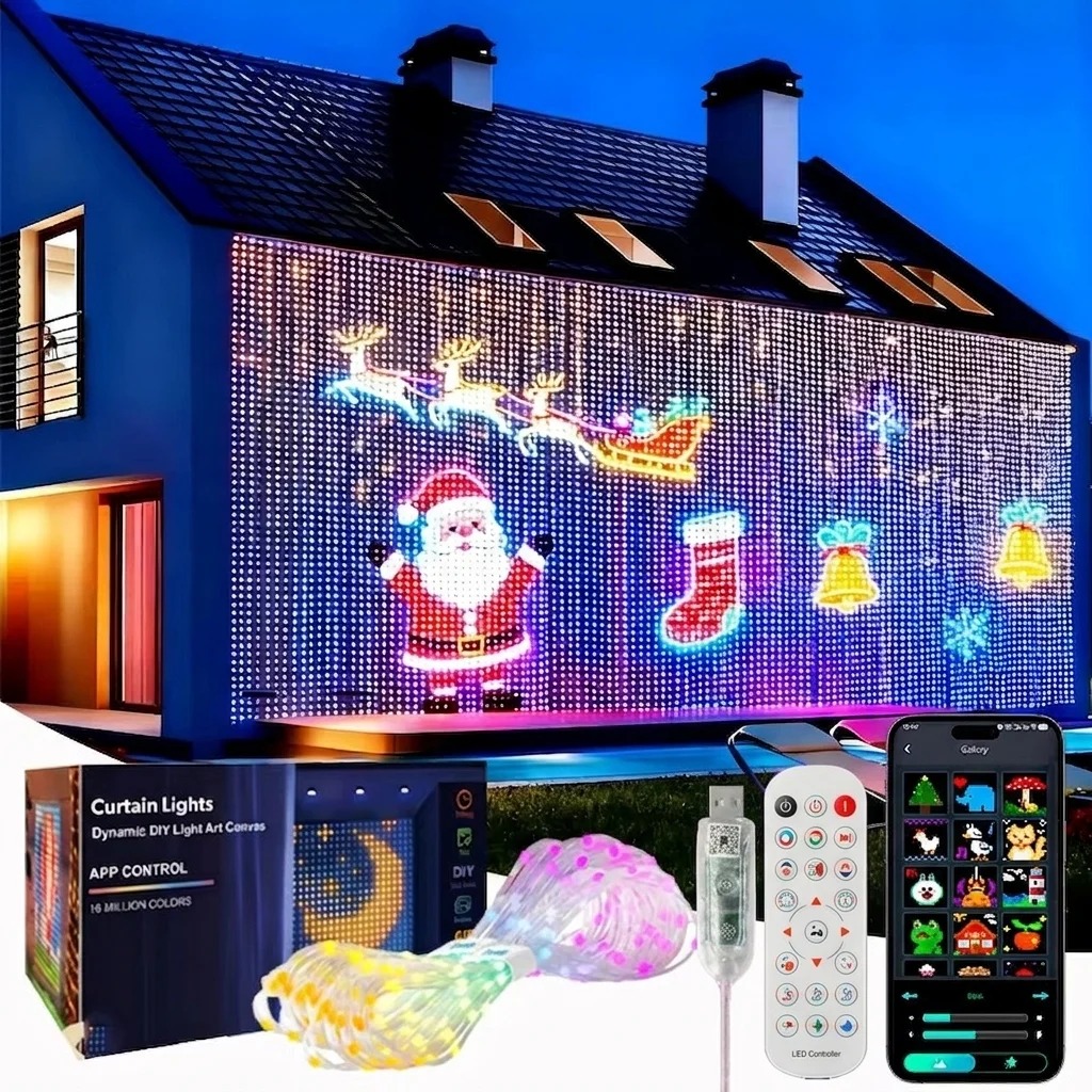 Cortina de LED Inteligente com App e Desenhos de Natal